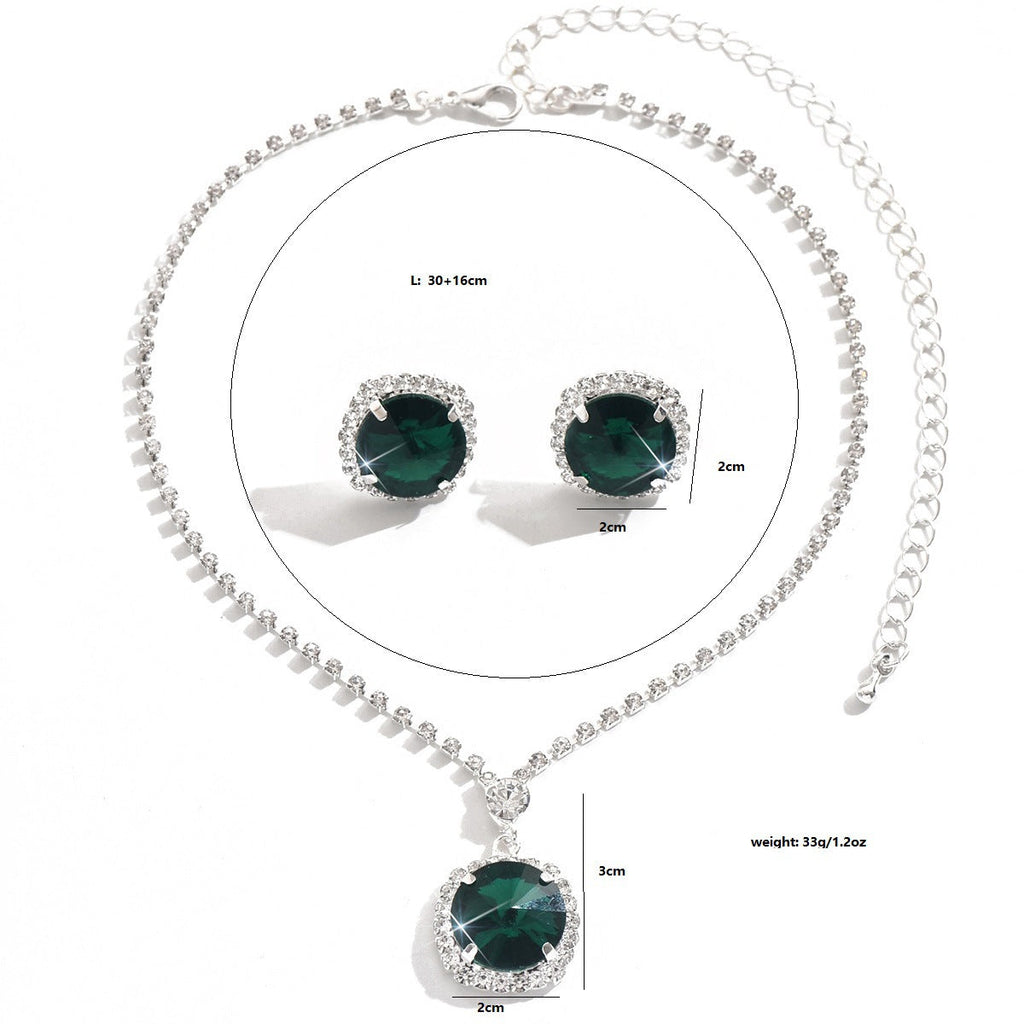 Cross-Border Emerald Glass Crystal Necklace Earrings Clavicle Chain Jewelry Set Birthday Formal Elegant
