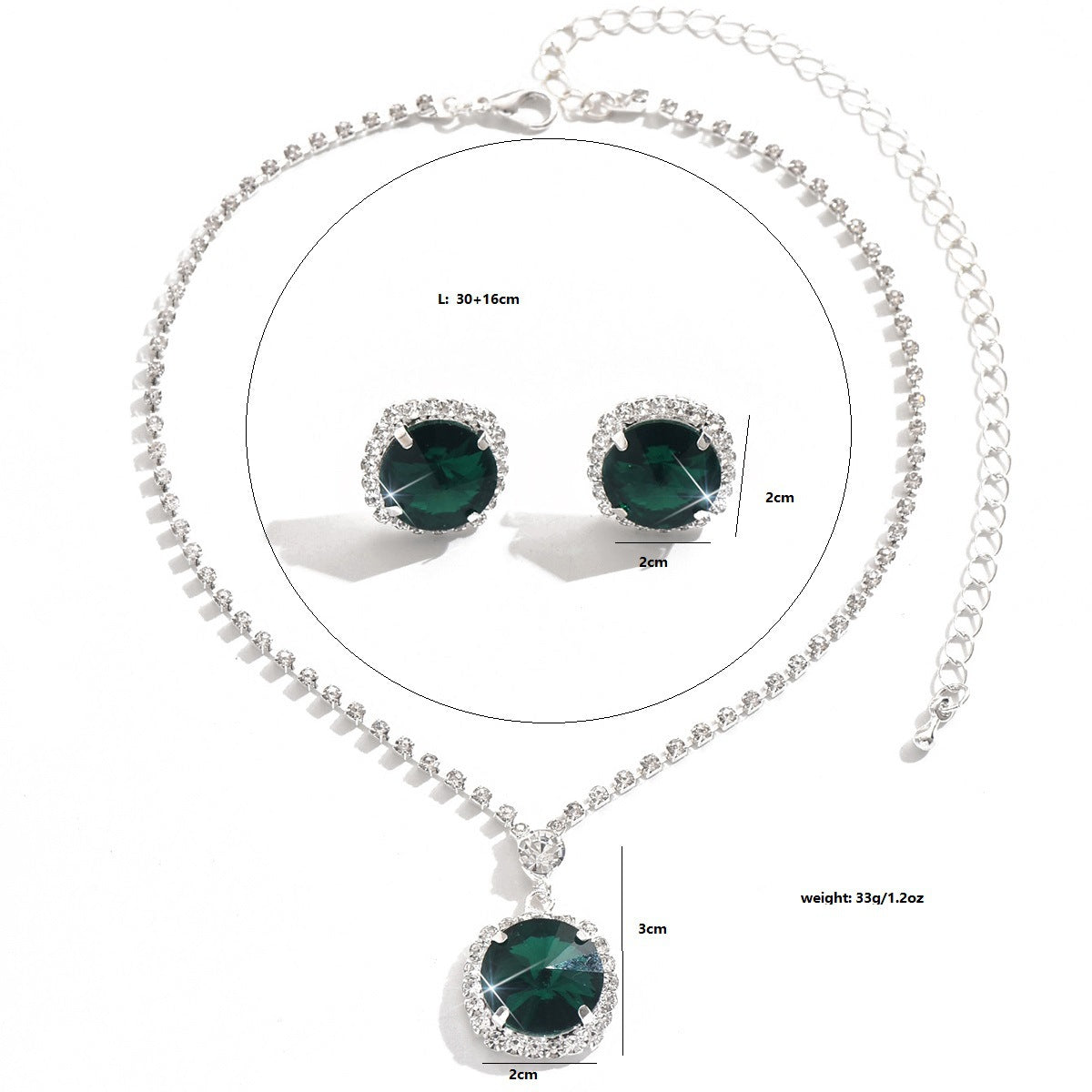 Cross-Border Emerald Glass Crystal Necklace Earrings Clavicle Chain Jewelry Set Birthday Formal Elegant