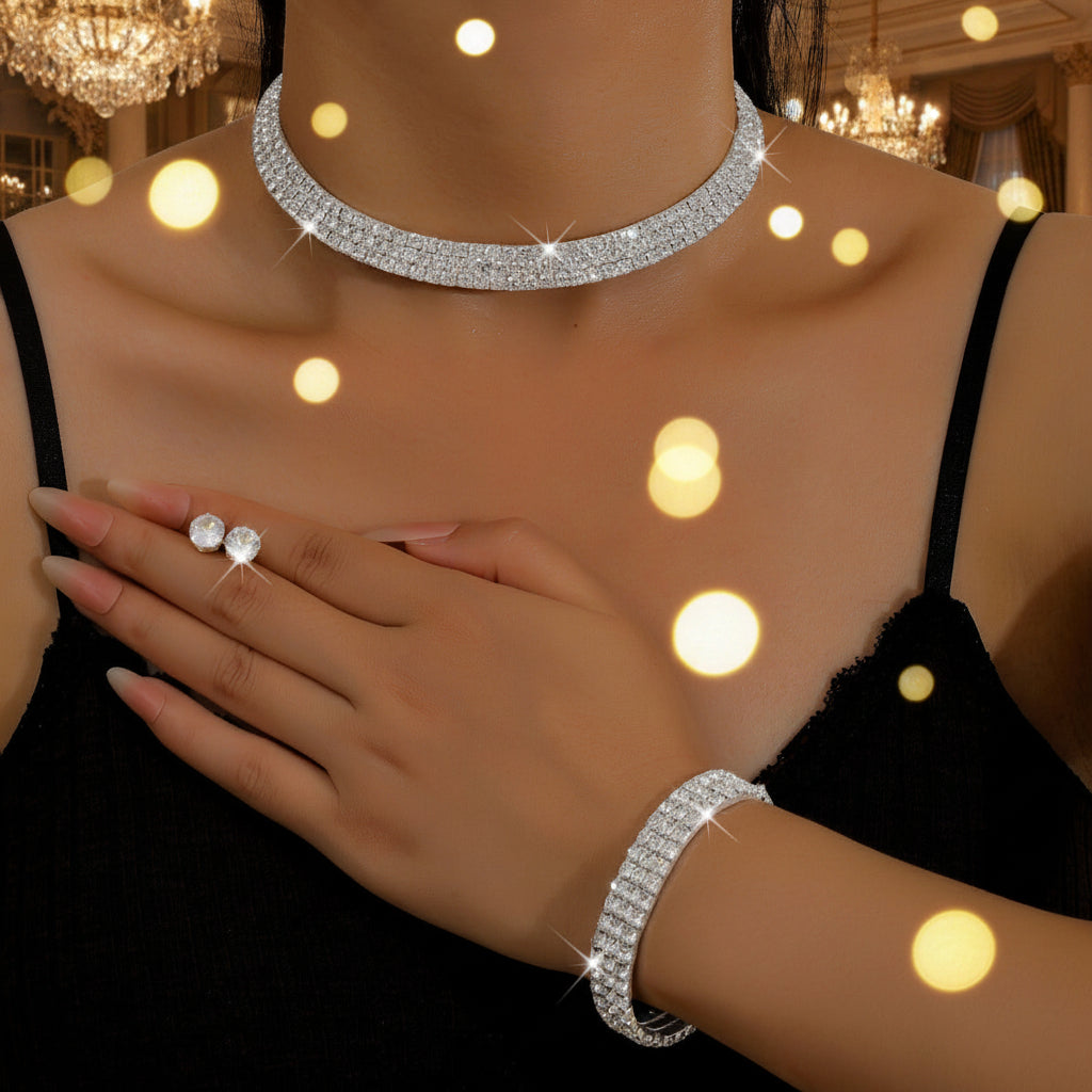 European And American Cross-Border Jewelry Three-Row Rhinestone Choker  Necklace Zircon Earrings Bracelet Set Elastic Ring Formal Elegant Business Dress Accessories