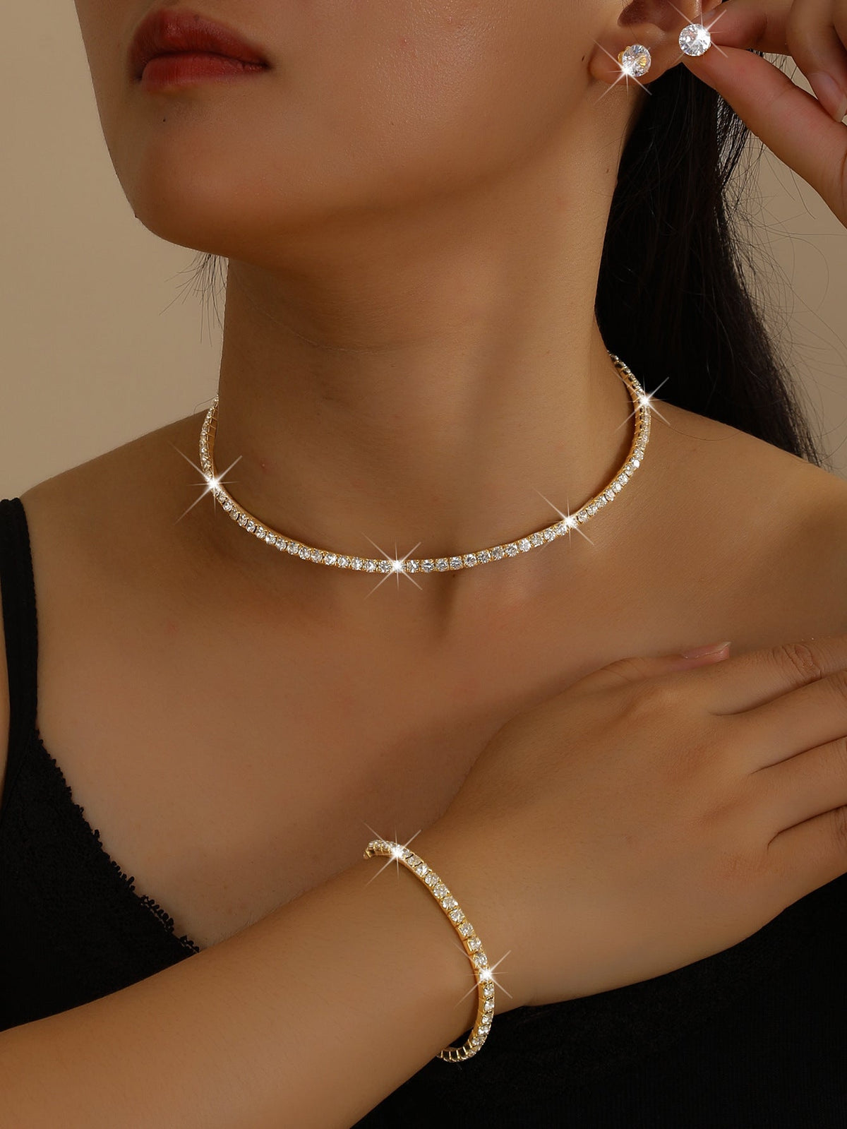 European And American Cross-Border Jewelry Three-Row Rhinestone Choker  Necklace Zircon Earrings Bracelet Set Elastic Ring Formal Elegant Business Dress Accessories