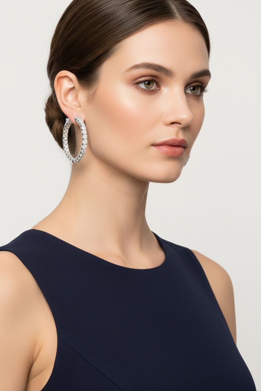 AGI Certified Inside Out 3 CTW Round Lab Grown Diamond 1" Hoop Earrings in 14K White Gold Overlay