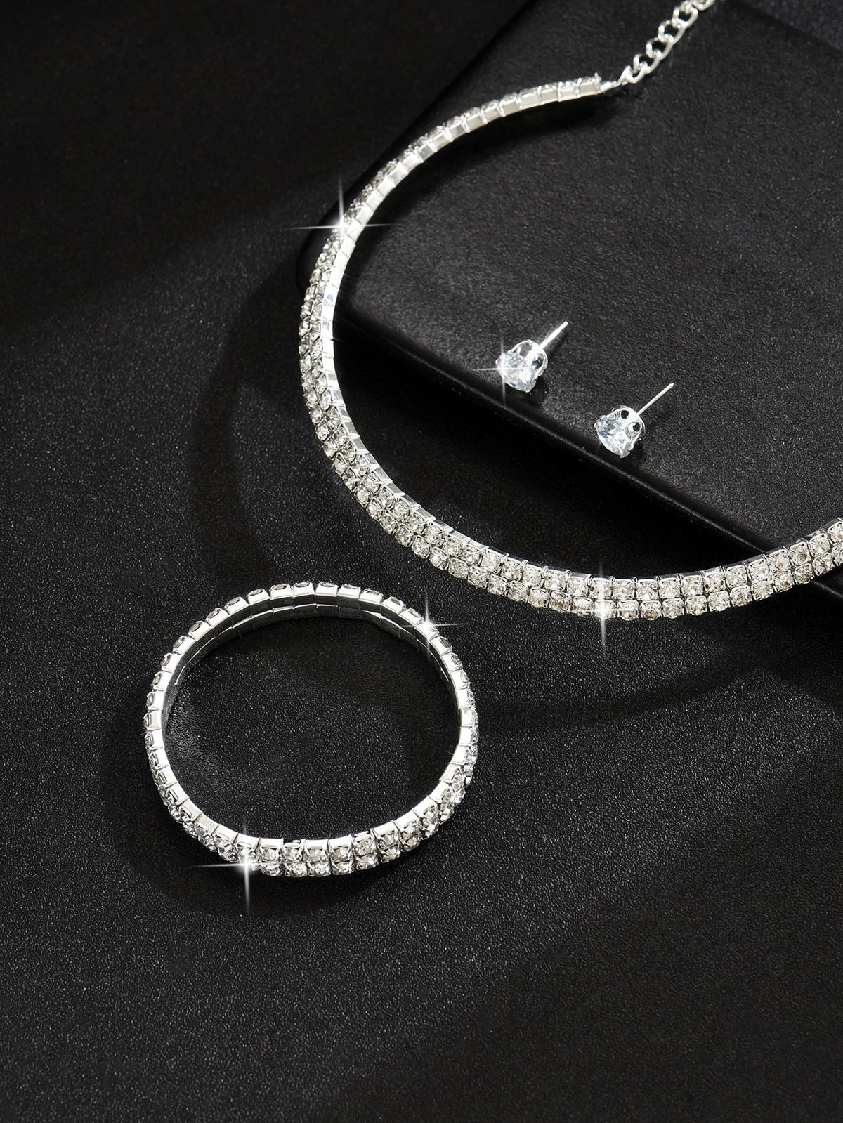 European And American Cross-Border Jewelry Three-Row Rhinestone Choker  Necklace Zircon Earrings Bracelet Set Elastic Ring Formal Elegant Business Dress Accessories