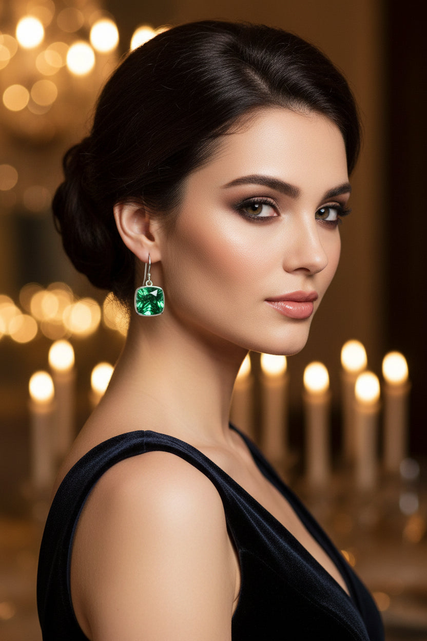 4.50CTW Lab Grown Cushion Cut Emerald Drop Earrings in 925 Sterling Silver - 8mm Square Gems Birthstone Jewelry