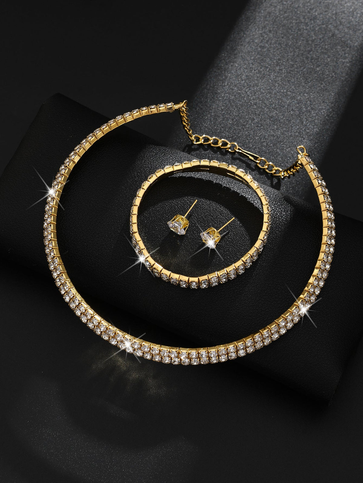 European And American Cross-Border Jewelry Three-Row Rhinestone Choker  Necklace Zircon Earrings Bracelet Set Elastic Ring Formal Elegant Business Dress Accessories