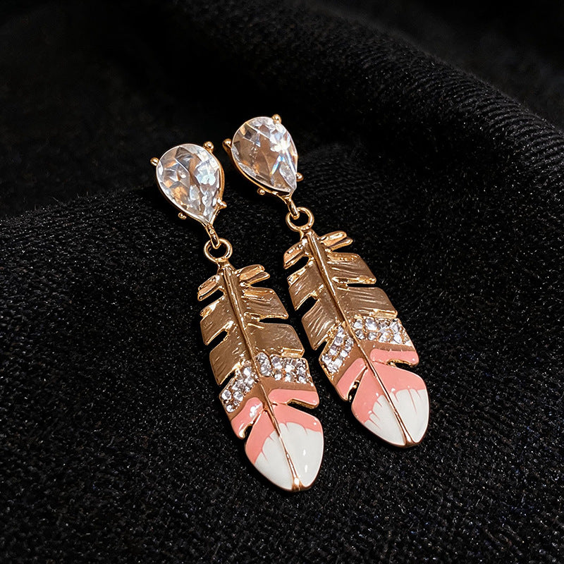 Women Feather Pendant Dangle Stud Earrings,Palace Style Heavy Craft Inlaid Rhinestone Enamel Earrings,Light Luxury Versatile Elegant Fashion Stylish