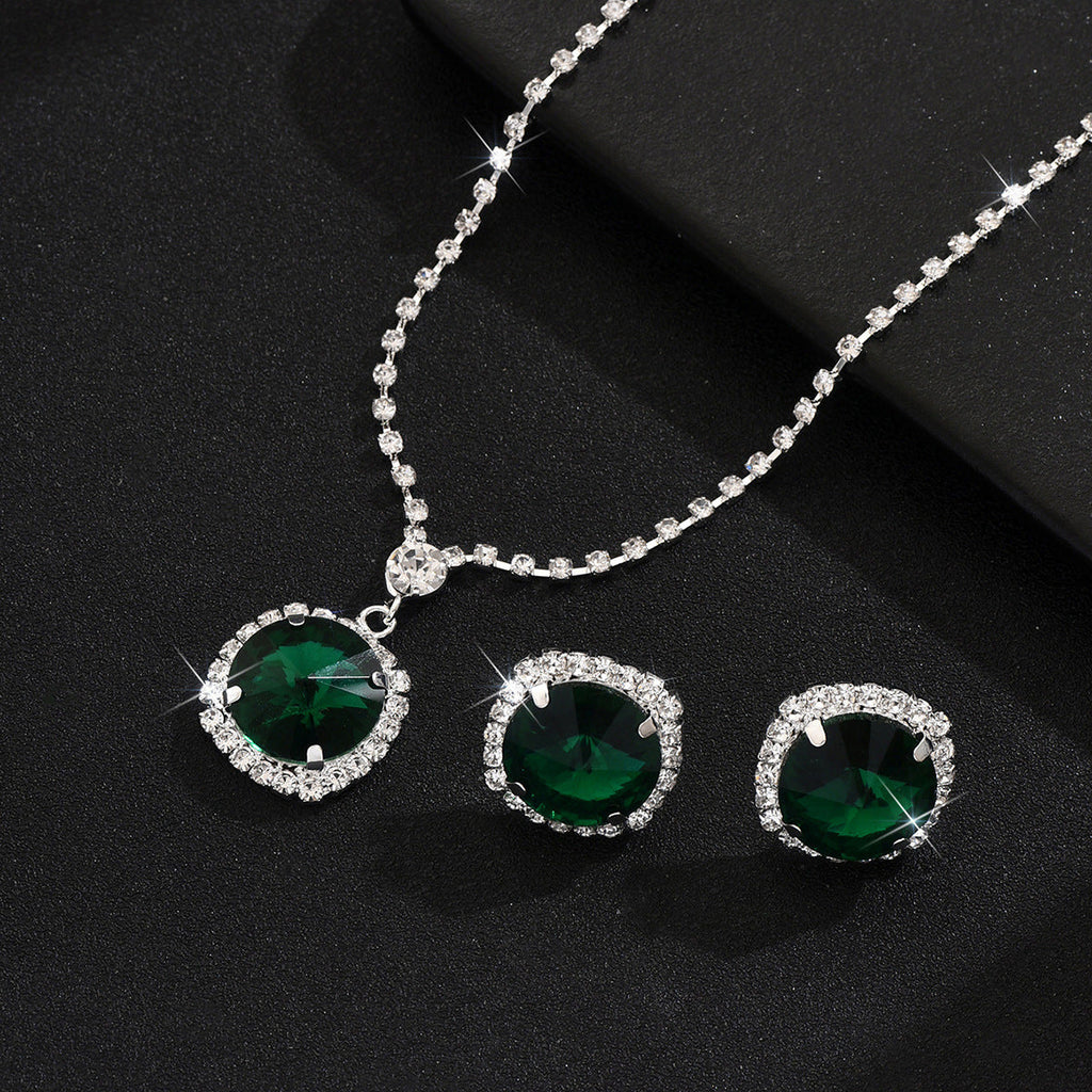 Cross-Border Emerald Glass Crystal Necklace Earrings Clavicle Chain Jewelry Set Birthday Formal Elegant