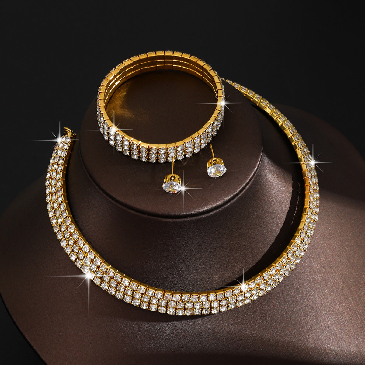 European And American Cross-Border Jewelry Three-Row Rhinestone Choker  Necklace Zircon Earrings Bracelet Set Elastic Ring Formal Elegant Business Dress Accessories