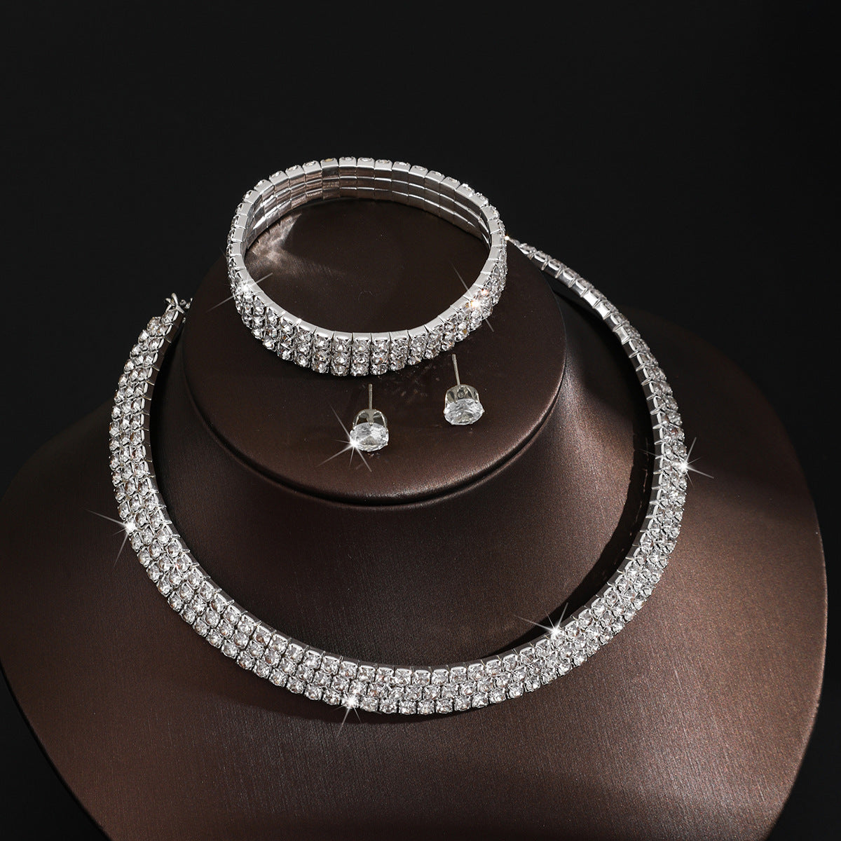 European And American Cross-Border Jewelry Three-Row Rhinestone Choker  Necklace Zircon Earrings Bracelet Set Elastic Ring Formal Elegant Business Dress Accessories
