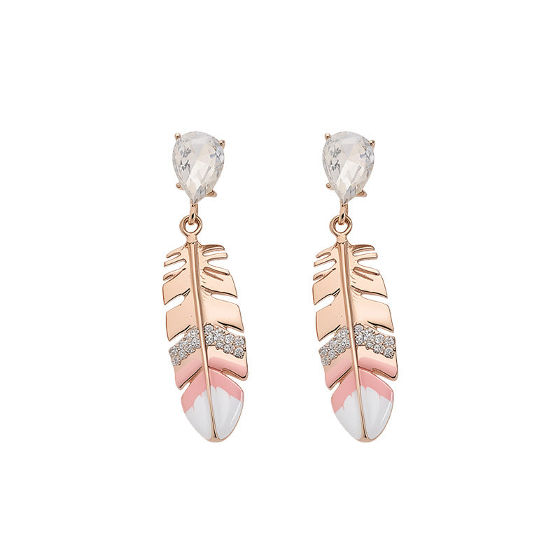 Women Feather Pendant Dangle Stud Earrings,Palace Style Heavy Craft Inlaid Rhinestone Enamel Earrings,Light Luxury Versatile Elegant Fashion Stylish
