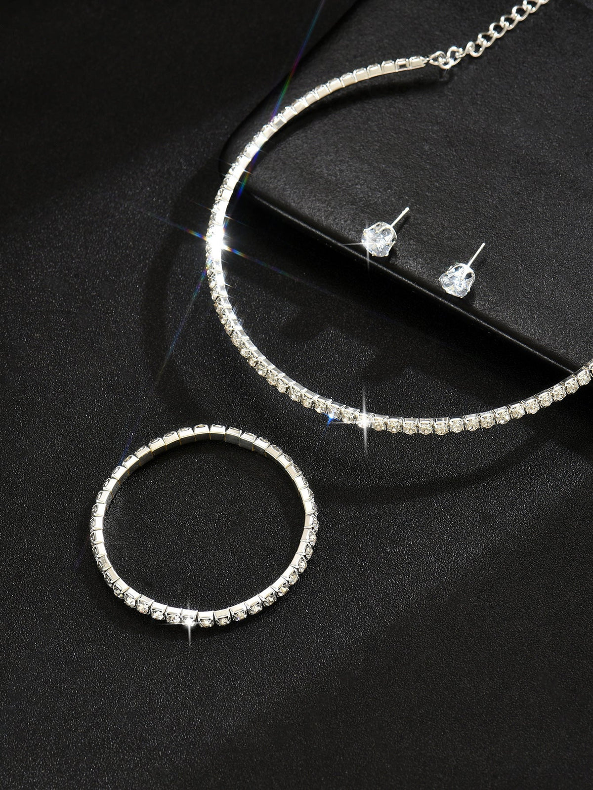 European And American Cross-Border Jewelry Three-Row Rhinestone Choker  Necklace Zircon Earrings Bracelet Set Elastic Ring Formal Elegant Business Dress Accessories