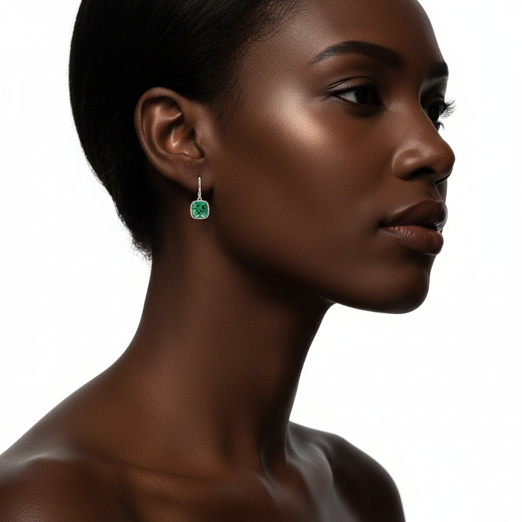 4.50CTW Lab Grown Cushion Cut Emerald Drop Earrings in 925 Sterling Silver - 8mm Square Gems Birthstone Jewelry