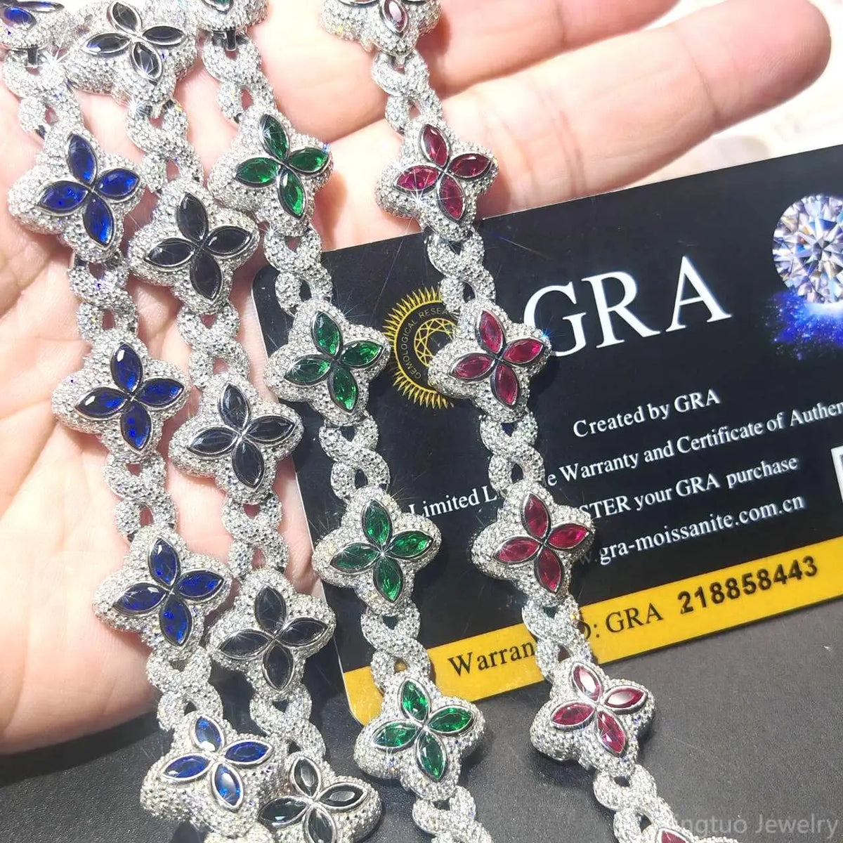 Luxury Fine Jewelry Colorful Moissanite Iced Out S925 Silver Cuban Clover Bracelet