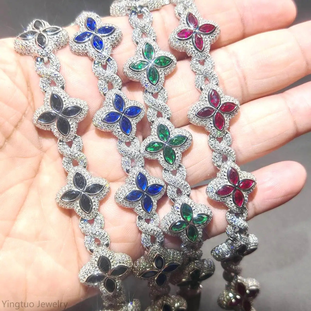 Luxury Fine Jewelry Colorful Moissanite Iced Out S925 Silver Cuban Clover Bracelet
