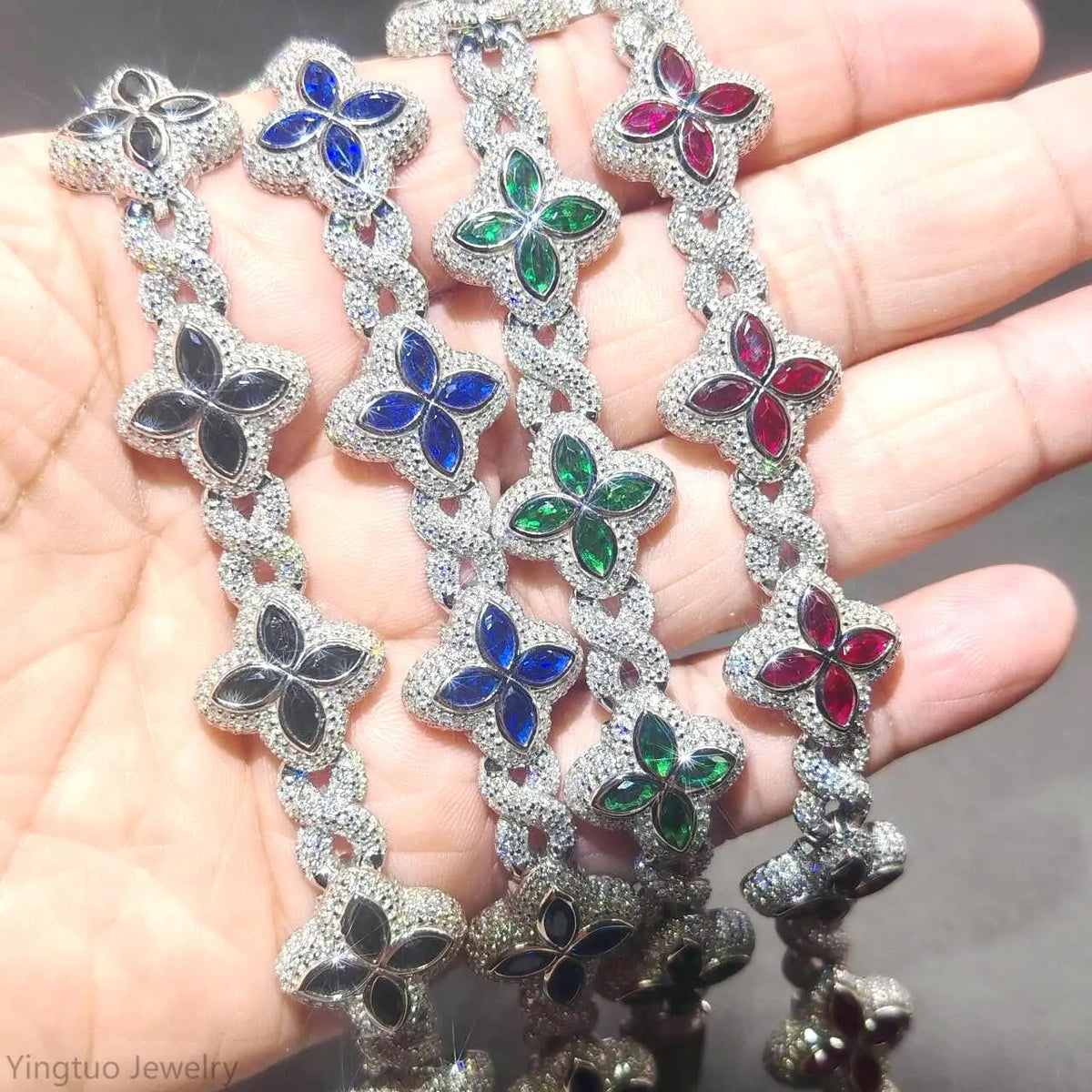 Luxury Fine Jewelry Colorful Moissanite Iced Out S925 Silver Cuban Clover Bracelet