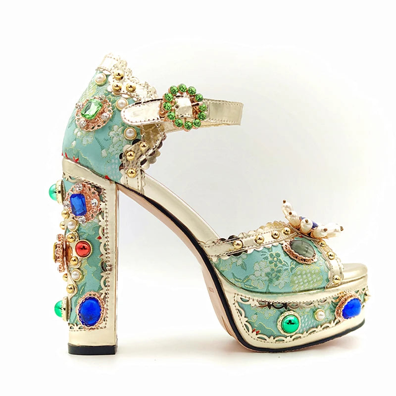 Women Fashion Luxury Gold Sandals Leather Wedding Bridal Shoes High Platform Sandals With Crystal