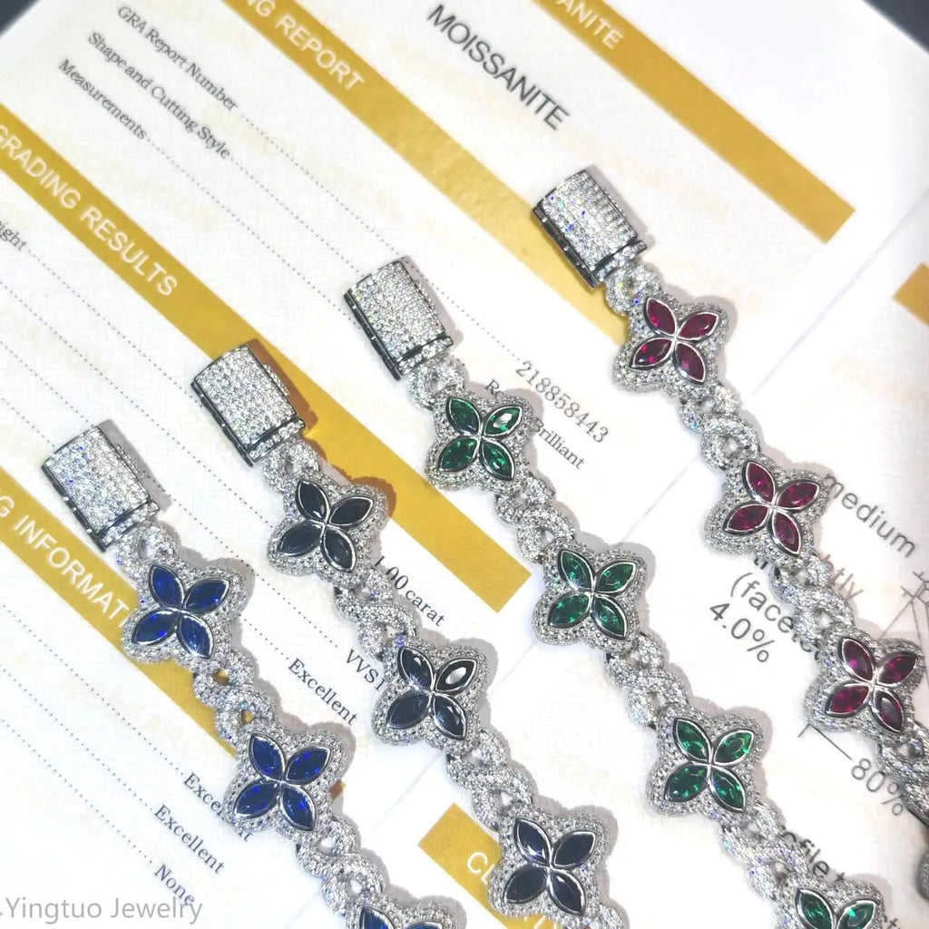 Luxury Fine Jewelry Colorful Moissanite Iced Out S925 Silver Cuban Clover Bracelet