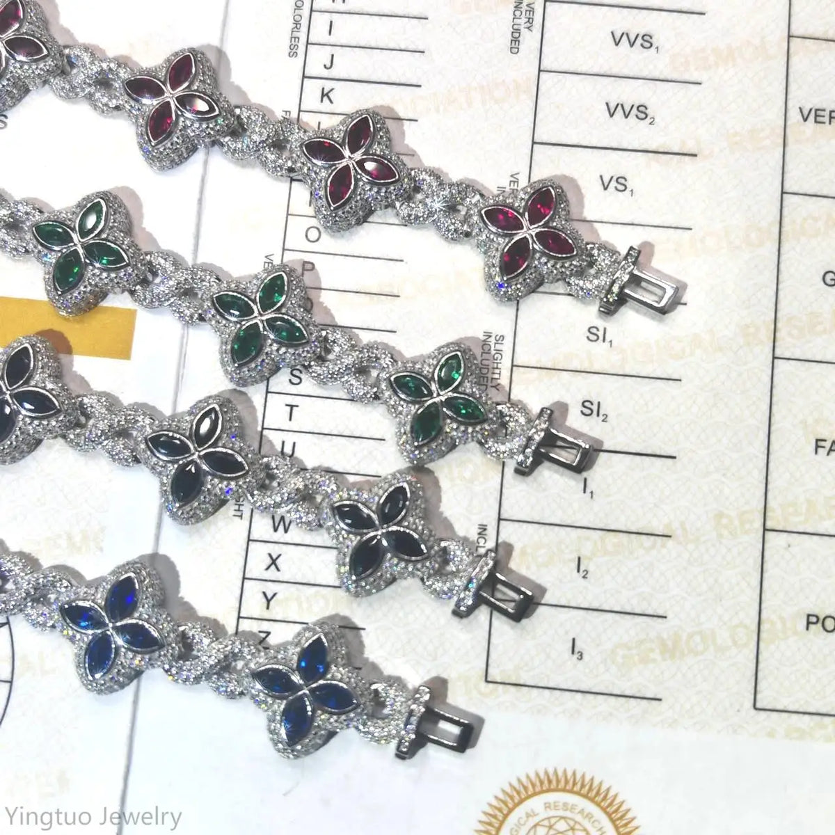 Luxury Fine Jewelry Colorful Moissanite Iced Out S925 Silver Cuban Clover Bracelet
