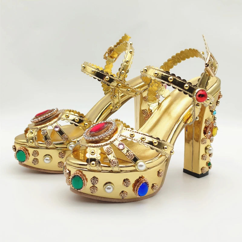 Women Fashion Luxury Gold Sandals Leather Wedding Bridal Shoes High Platform Sandals With Crystal