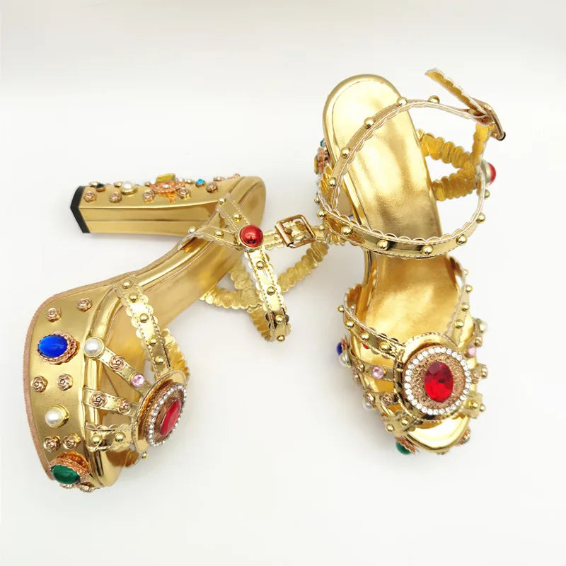 Women Fashion Luxury Gold Sandals Leather Wedding Bridal Shoes High Platform Sandals With Crystal