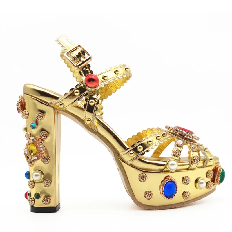 Women Fashion Luxury Gold Sandals Leather Wedding Bridal Shoes High Platform Sandals With Crystal