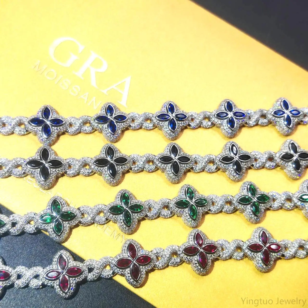 Luxury Fine Jewelry Colorful Moissanite Iced Out S925 Silver Cuban Clover Bracelet