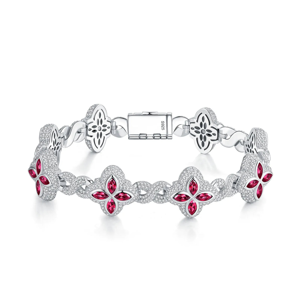Luxury Fine Jewelry Colorful Moissanite Iced Out S925 Silver Cuban Clover Bracelet