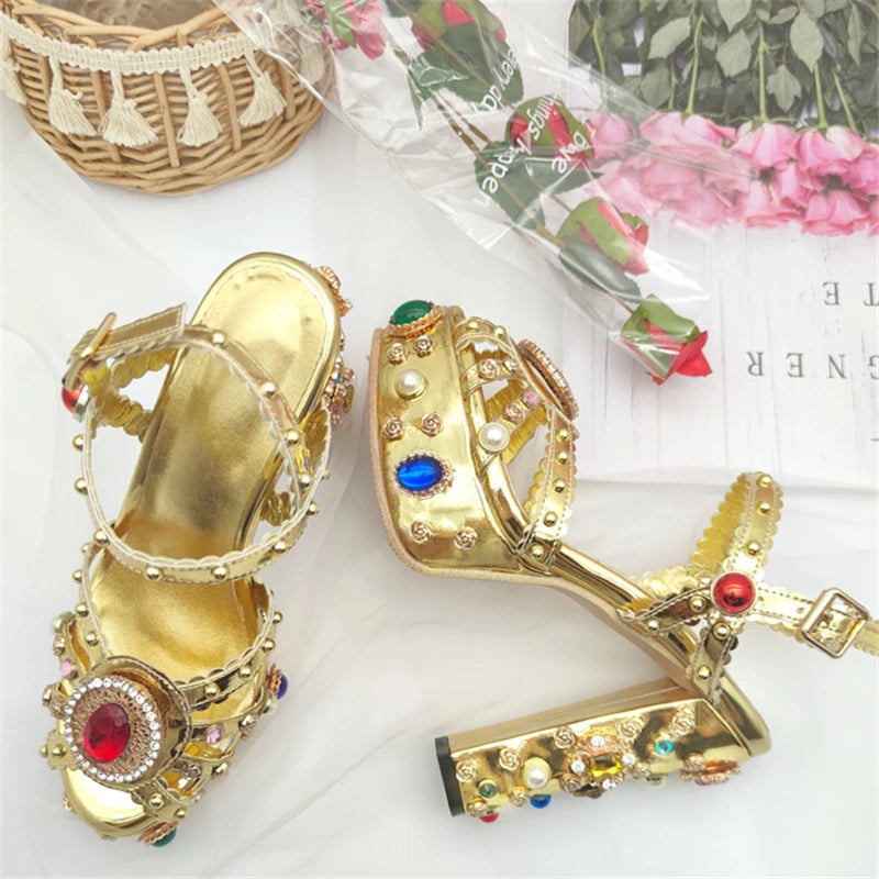 Women Fashion Luxury Gold Sandals Leather Wedding Bridal Shoes High Platform Sandals With Crystal