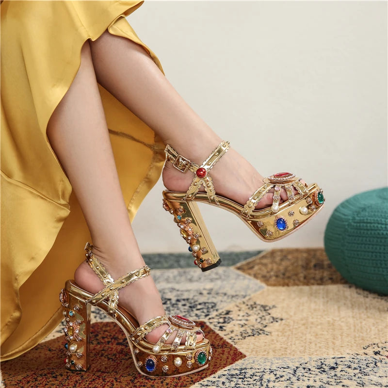 Women Fashion Luxury Gold Sandals Leather Wedding Bridal Shoes High Platform Sandals With Crystal