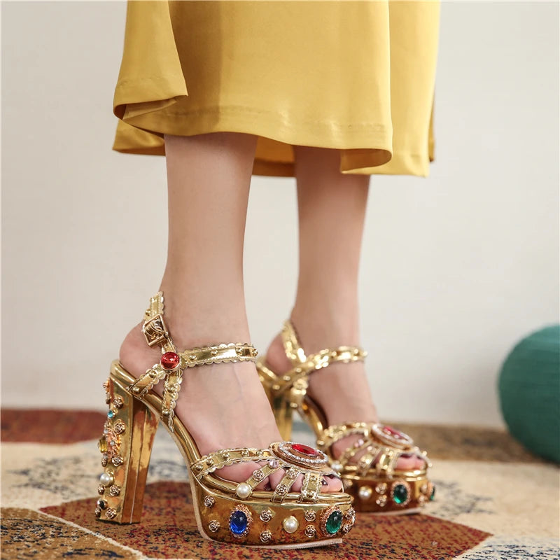 Women Fashion Luxury Gold Sandals Leather Wedding Bridal Shoes High Platform Sandals With Crystal