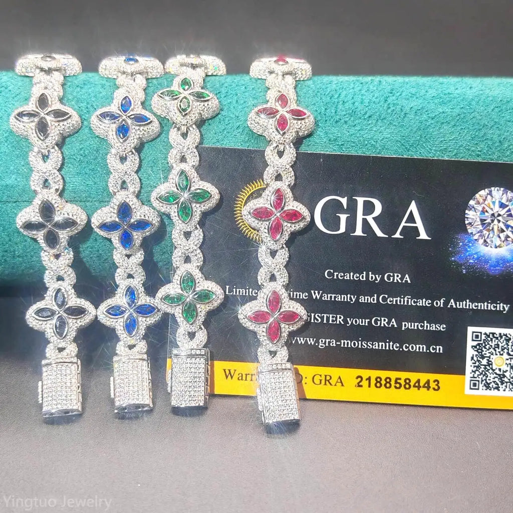 Luxury Fine Jewelry Colorful Moissanite Iced Out S925 Silver Cuban Clover Bracelet