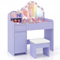 Kids Vanity Desk with Mirror and Lights Princess Pretend Play Dressing Table-Purple