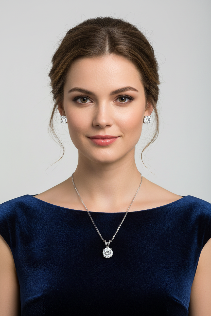 3CTW Moissanite Stud Earrings & Pendant Necklace Set in 14K White Gold Overlay