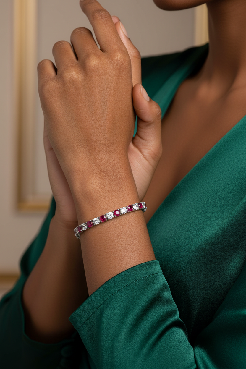 6.00 CTW Lab-Created Ruby & White Sapphire Tennis Bracelet in 14K Gold Overlay – 7.25”