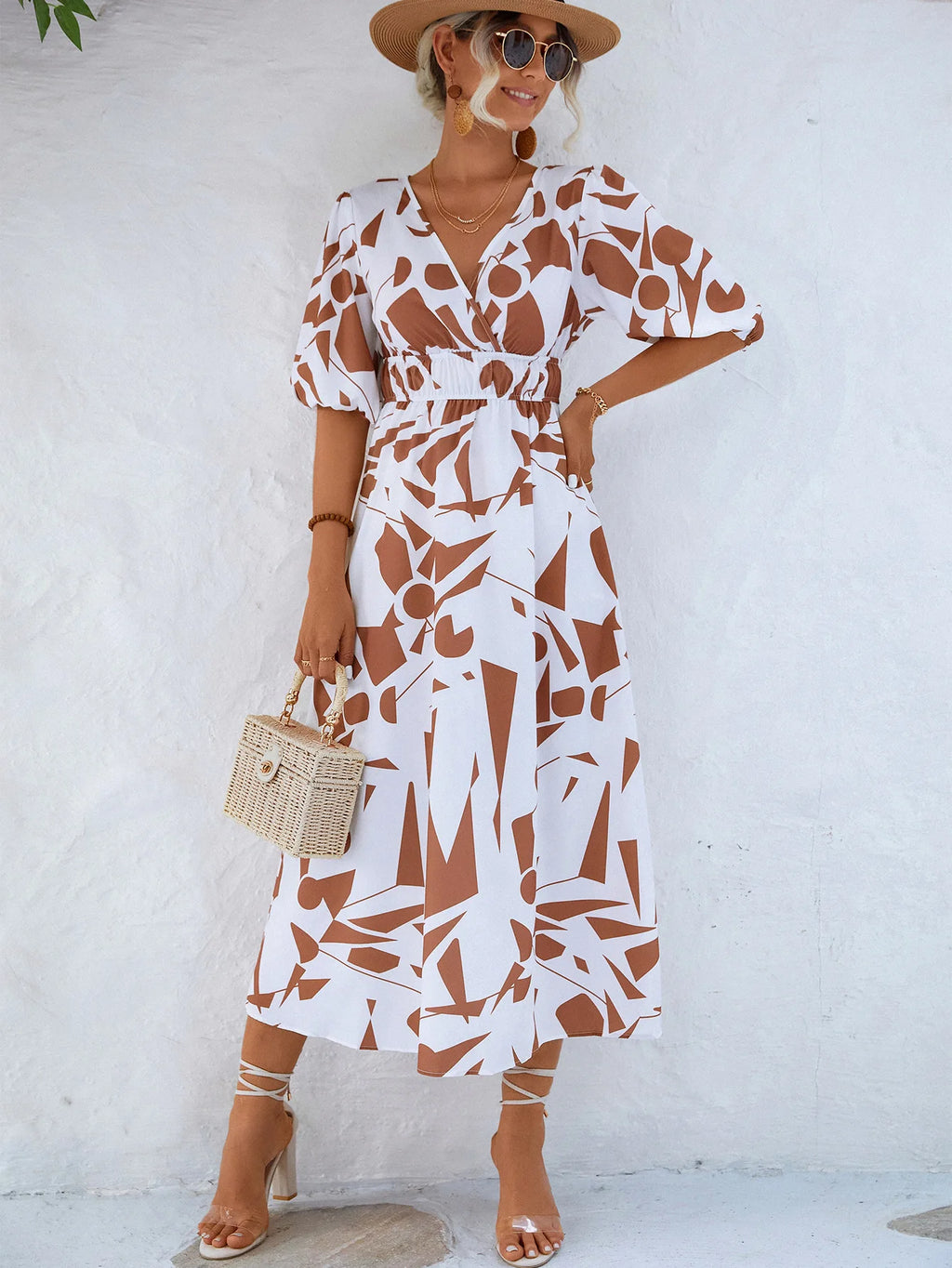 Women Modern Geometric Print Elegant Party Fashion V Neck Short Sleeve High Waist Midi Dress