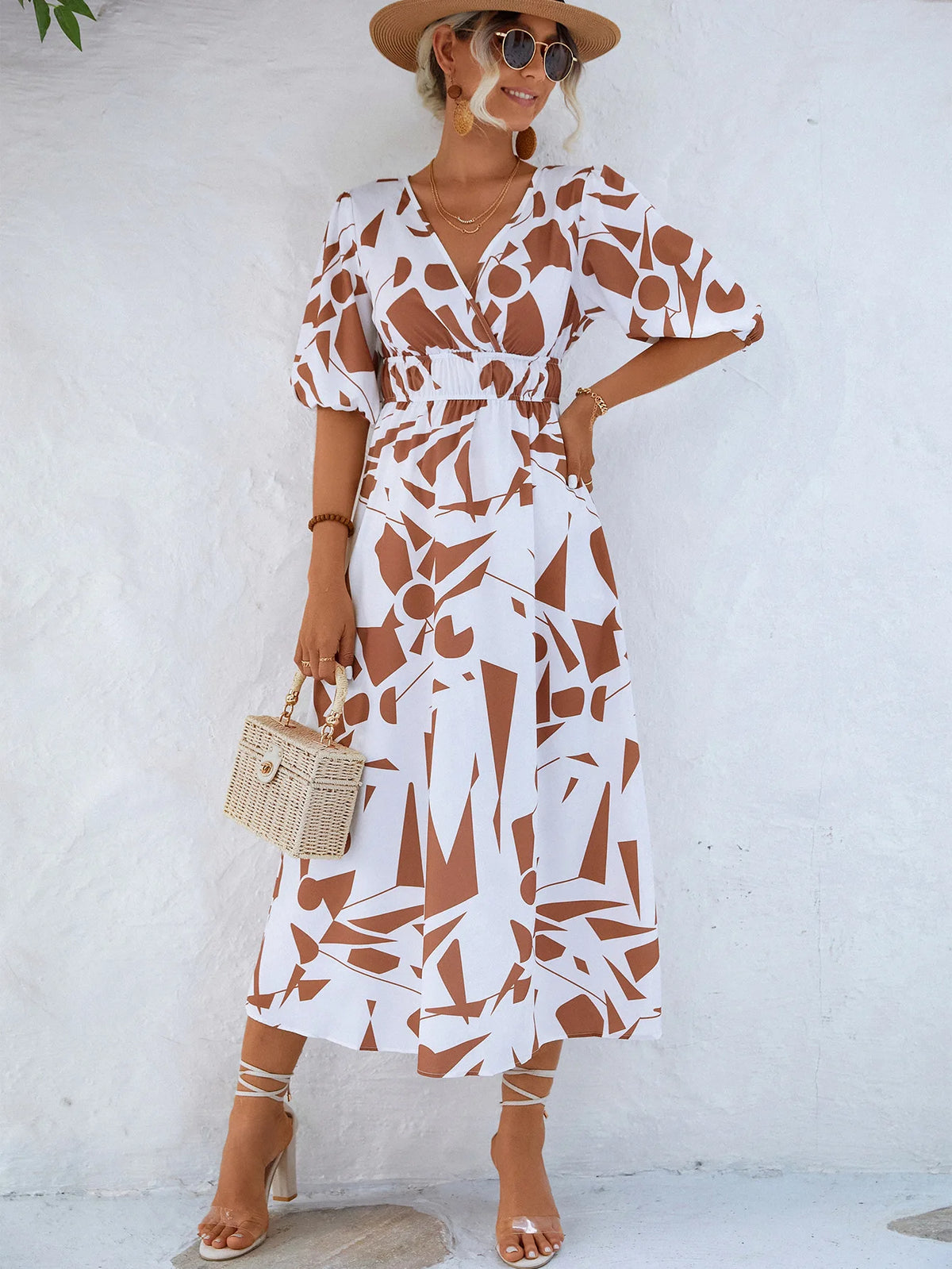 Women Modern Geometric Print Elegant Party Fashion V Neck Short Sleeve High Waist Midi Dress