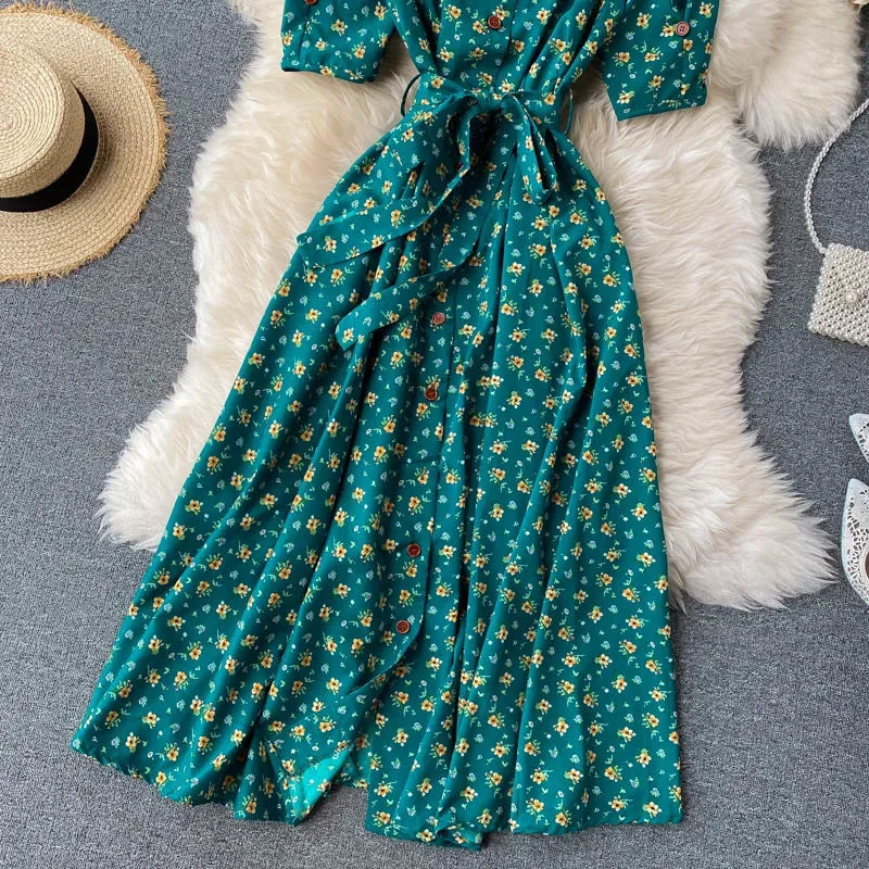 Women Floral Dress V Neck Puff Sleeve Single-Breasted Belt Dress Bohemian Style Midi Dress