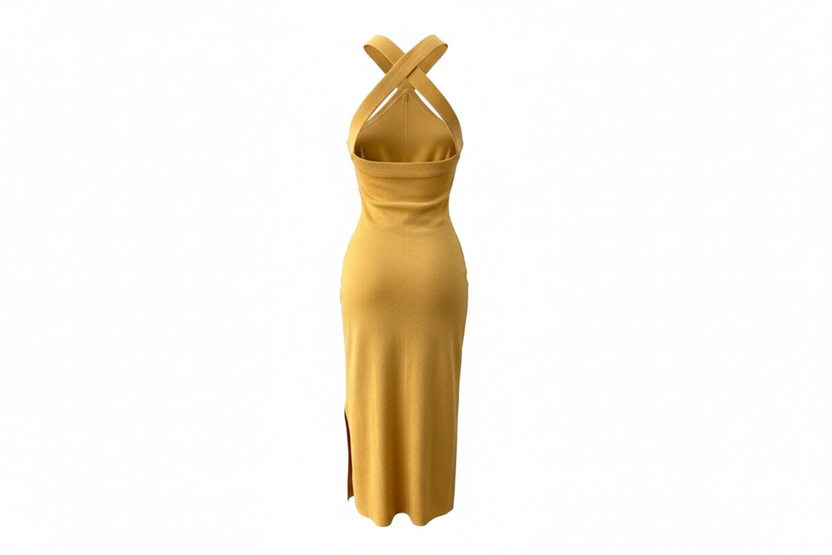 Women's Halter Neck Sleeveless Stretchy Midi Dress Elegant Party Evening Dress - TBGAH FASHIONS