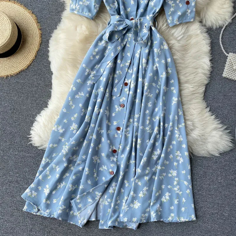 Women Floral Dress V Neck Puff Sleeve Single-Breasted Belt Dress Bohemian Style Midi Dress