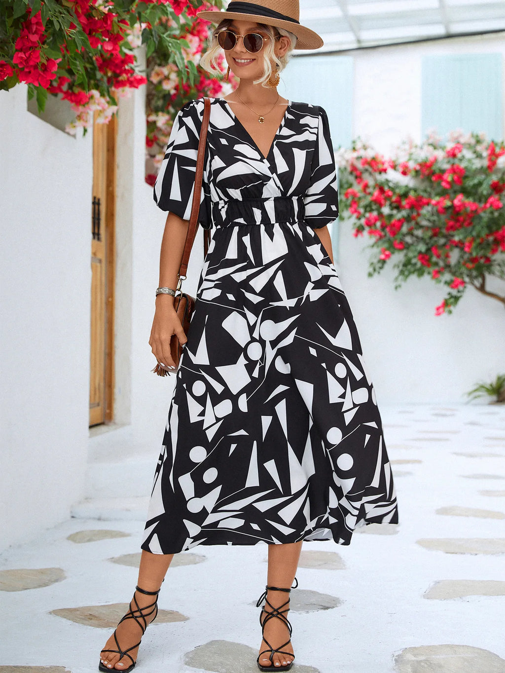 Women Modern Geometric Print Elegant Party Fashion V Neck Short Sleeve High Waist Midi Dress