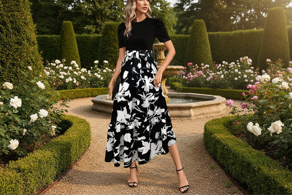 Women Classy Elegant  A-line Lace-up Slim Fit Waist Ruffle Hem Dress