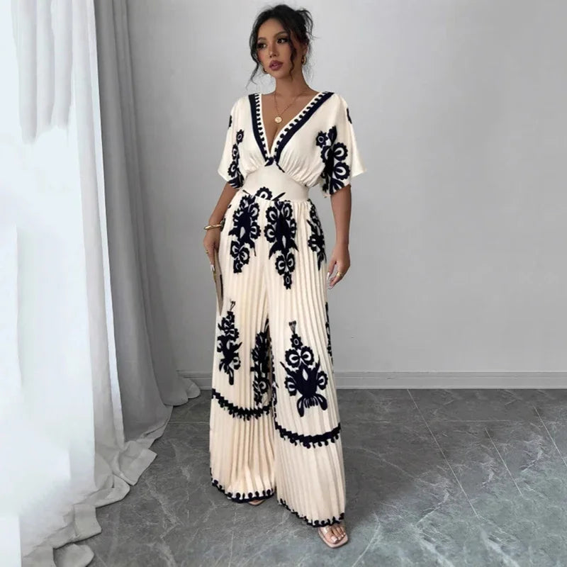 Women's New Casual Deep V Neck Backless Jumpsuit Fashion Versatile Short Sleeve High Waist Wide Leg Jumpsuits