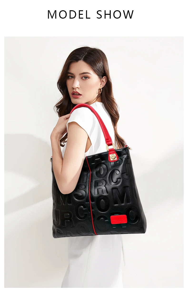 New Women's Cowhide Fashionable and Versatile Large Letter Printed Shoulder Bag