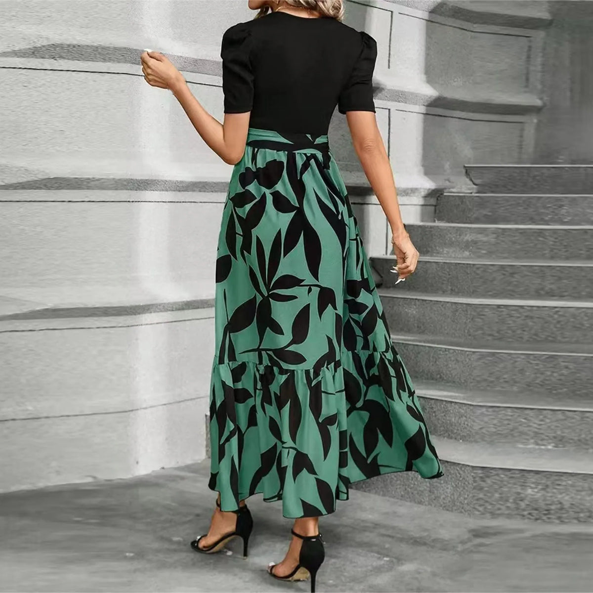 Women Classy Elegant  A-line Lace-up Slim Fit Waist Ruffle Hem Dress