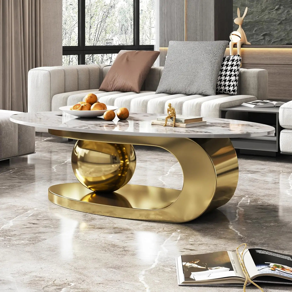 Modern Marble Coffee Table with Silver Stainless Steel Pedestal Living Room Home Decor Luxury Living
