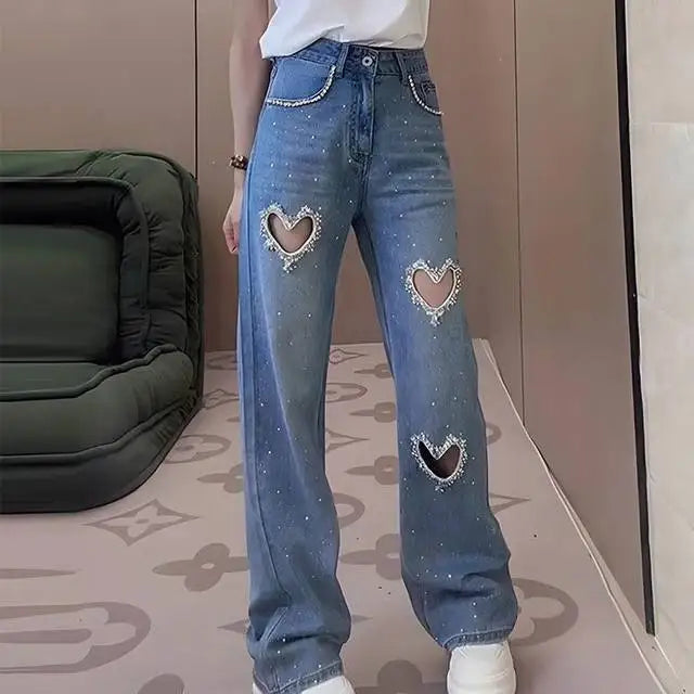 Heart Shaped Stylish Fashion Jeans  Diamond-Encrusted Beaded Hollowed-Out Straight Wide-Leg Women