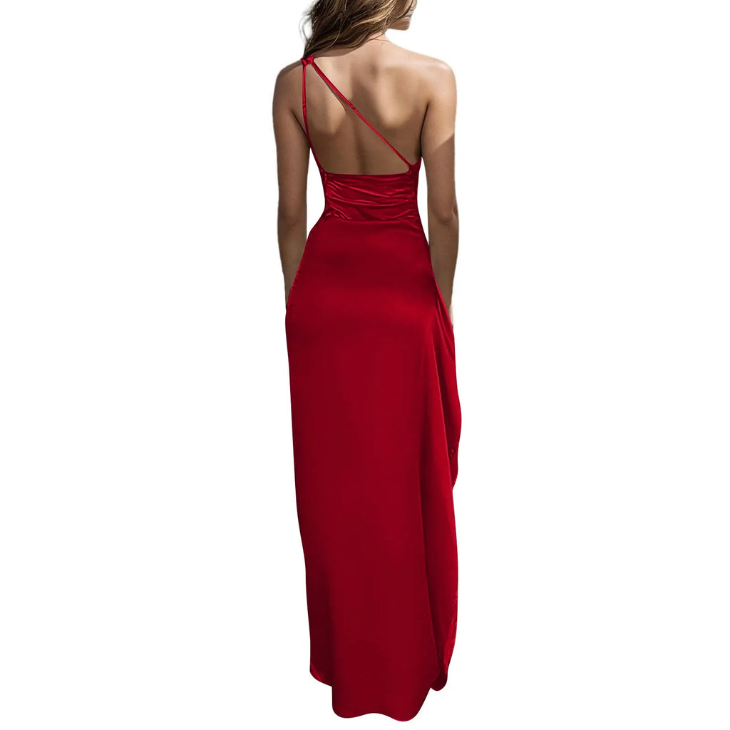 Women Formal Elegant Sexy Silk Satin Backless Slim One Shoulder HighSplit  Dress