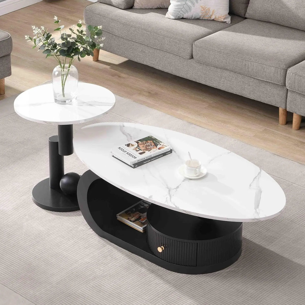 Modern Marble Coffee Table with Silver Stainless Steel Pedestal Living Room Home Decor Luxury Living