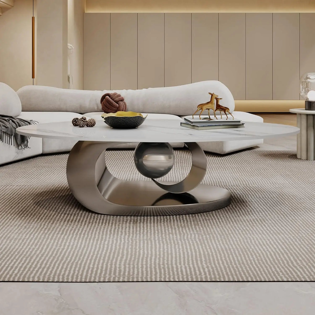 Modern Marble Coffee Table with Silver Stainless Steel Pedestal Living Room Home Decor Luxury Living