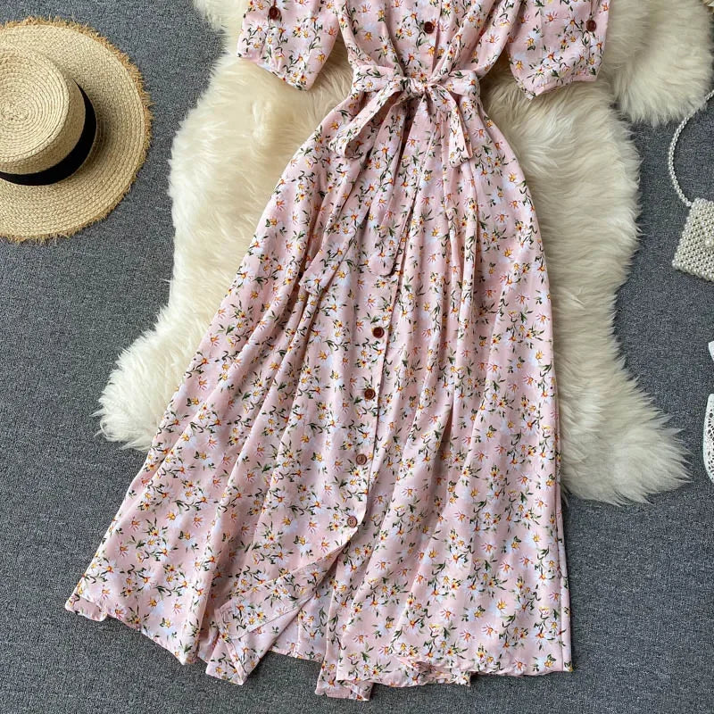 Women Floral Dress V Neck Puff Sleeve Single-Breasted Belt Dress Bohemian Style Midi Dress