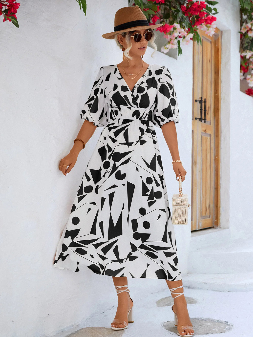 Women Modern Geometric Print Elegant Party Fashion V Neck Short Sleeve High Waist Midi Dress